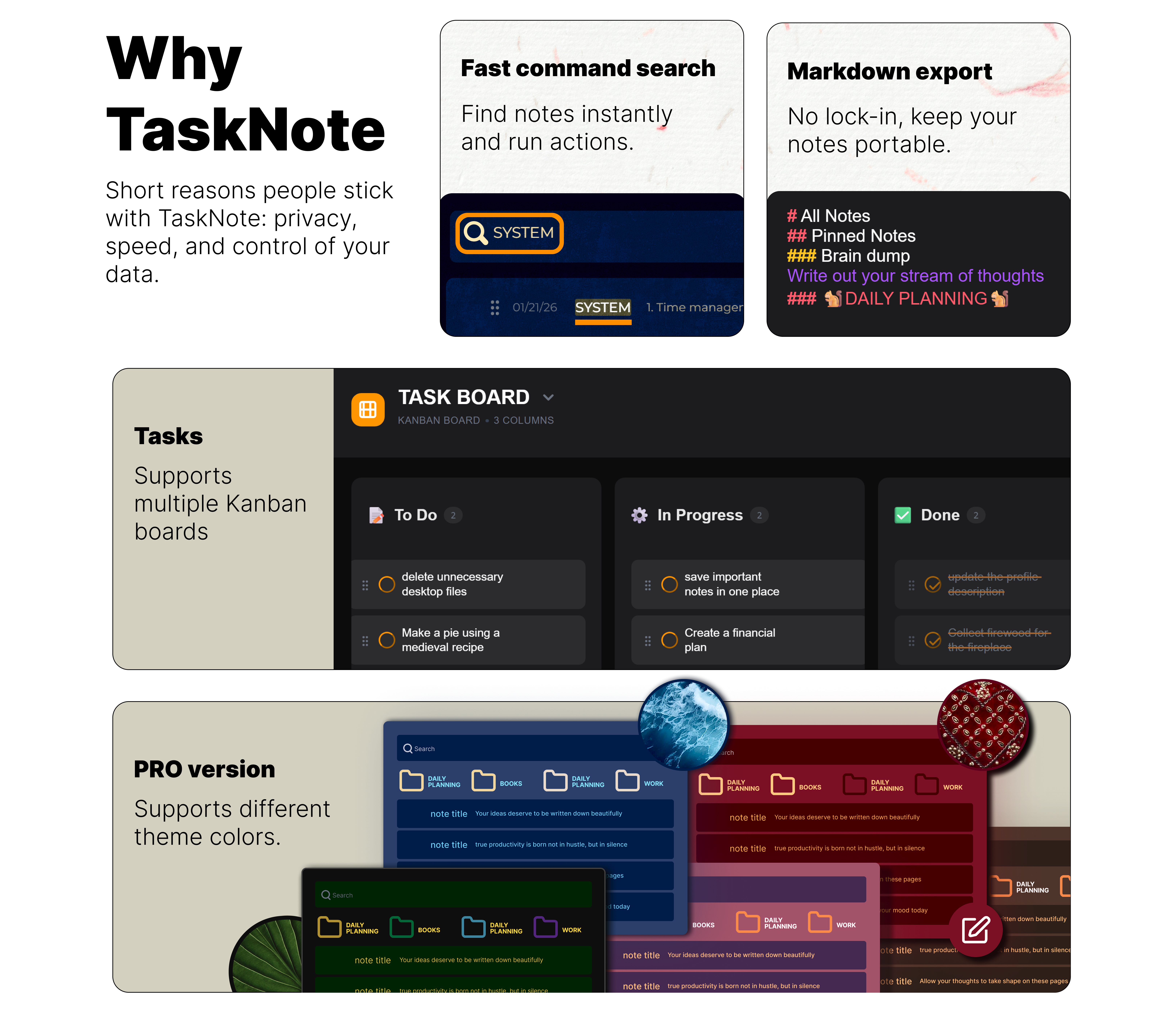 Why choose TaskNote: On-device encryption, Fast command search, Markdown export, Tasks, Kanban Board, Reminders, Distraction-free writing, Pinning and filters, and Dark mode.